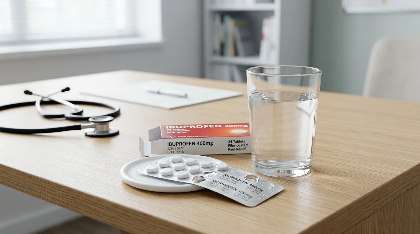 Aulin doporučená dávka — balení tablet a sklenice vody na stole
